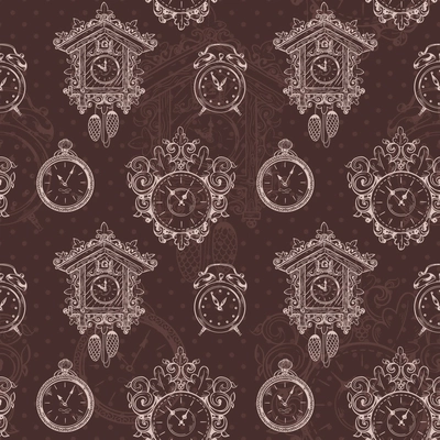 Old sketch vintage clock and watches on dark background seamless pattern vector illustration