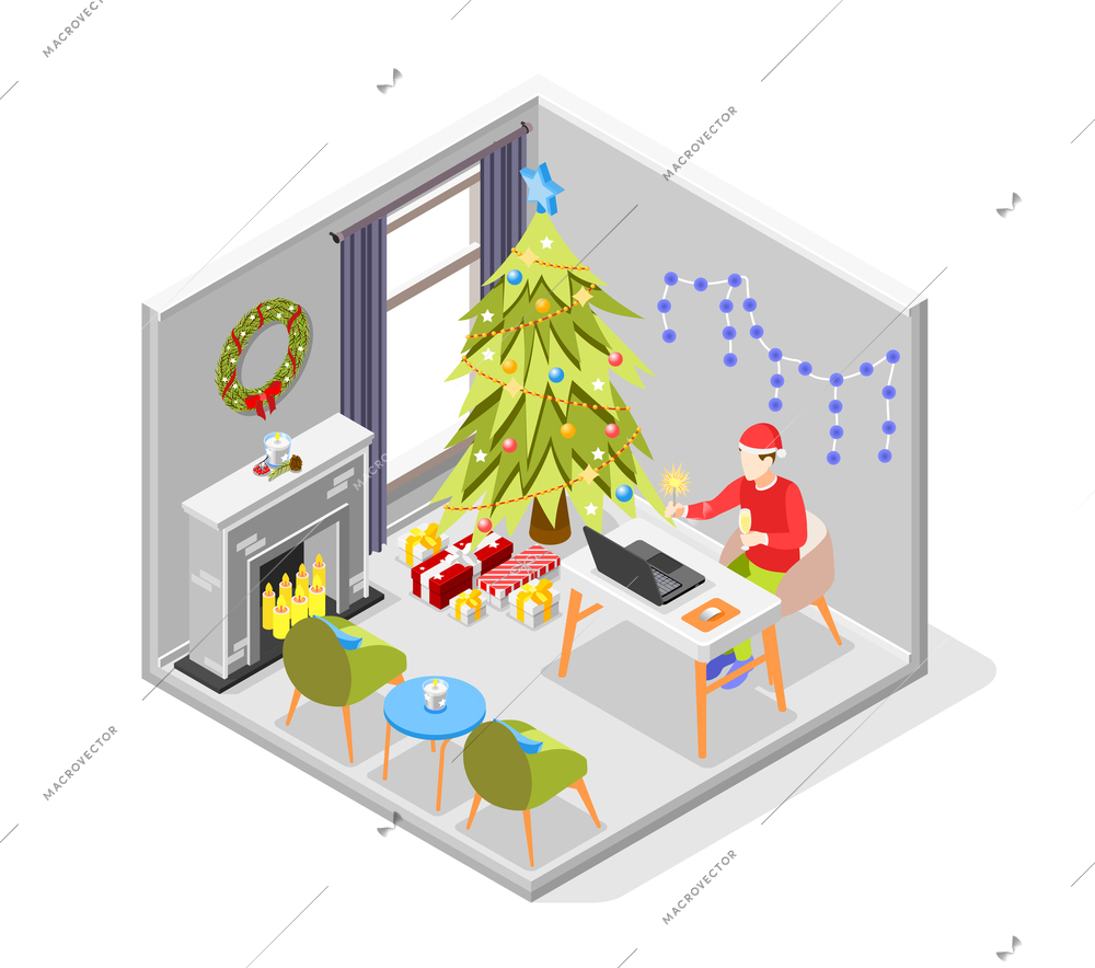 Remote quarantine party isometric composition with new year online celebration vector illustration