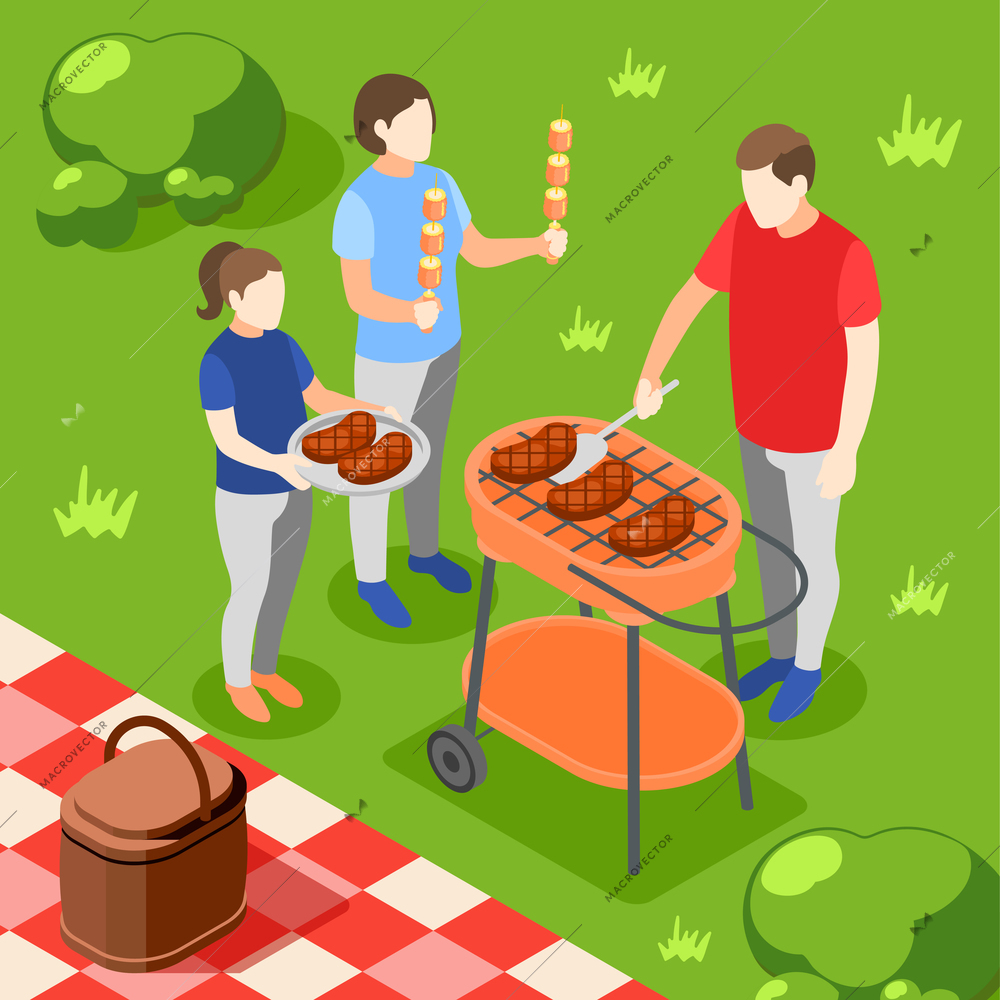 Family cooking background with picnic and barbecue symbols isometric vector illustration