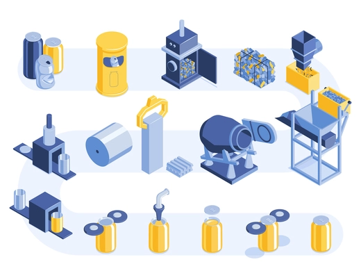 Aluminium cans recycling process stages isometric set from gathering sorting to pressing remolding rolling forming vector illustration