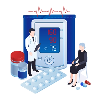 Digital blood pressure measuring tool monitor tonometer isometric composition with doctor  prescribing hypertonic patient pills vector illustration