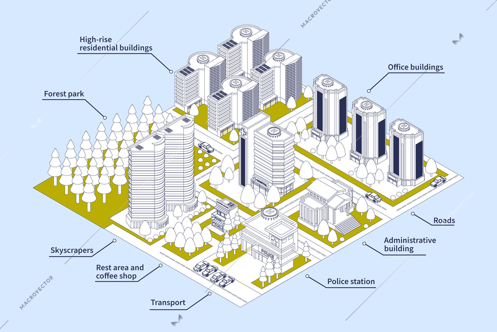 Isometric line infographics of modern city with skyscrapers transport roads forest park 3d vector illustration