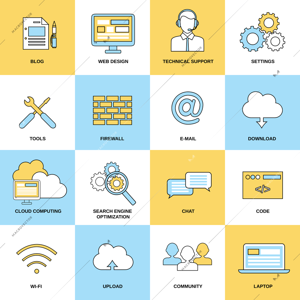 Web flat line icons set isolated with blog design technical support isolated vector illustration