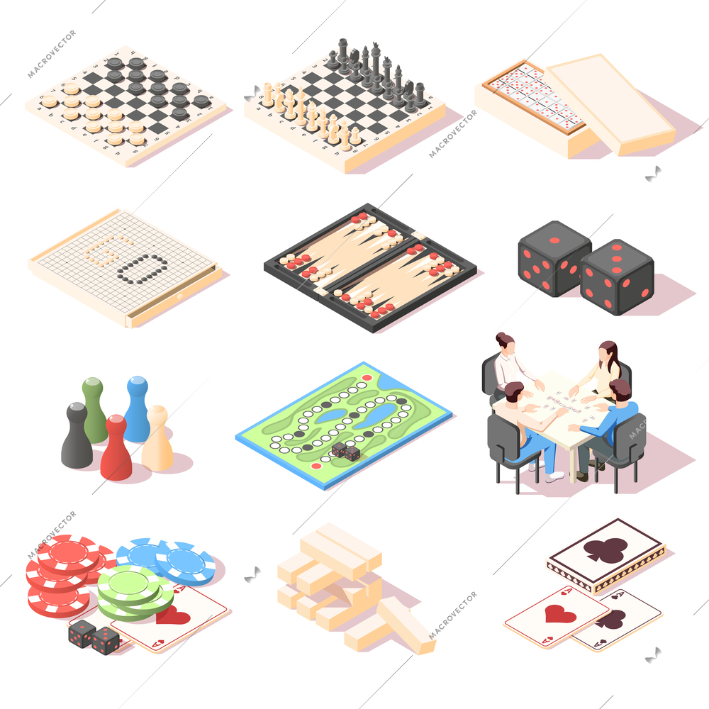 Isometric set with colorful 3d icons of different board games equipment and people playing dominoes isolated vector illustration
