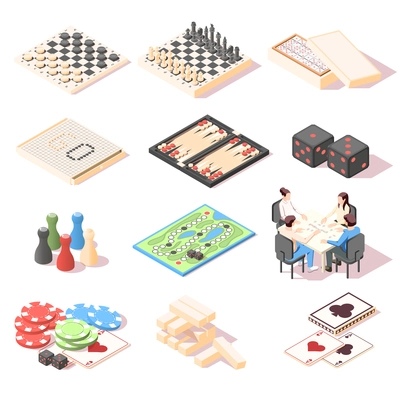 Isometric set with colorful 3d icons of different board games equipment and people playing dominoes isolated vector illustration