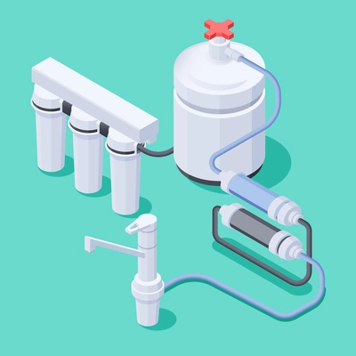 Isometric composition of water filtration system and faucet on colored background 3d vector illustration