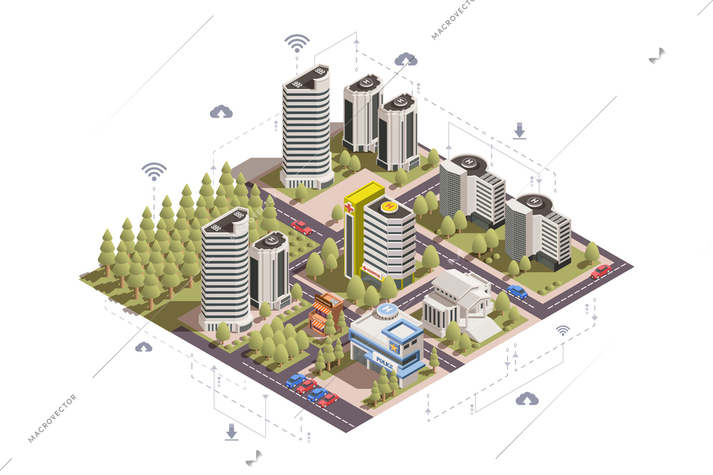 3d concept of modern smart city with skyscrapers public places roads cars park isometric vector illustration