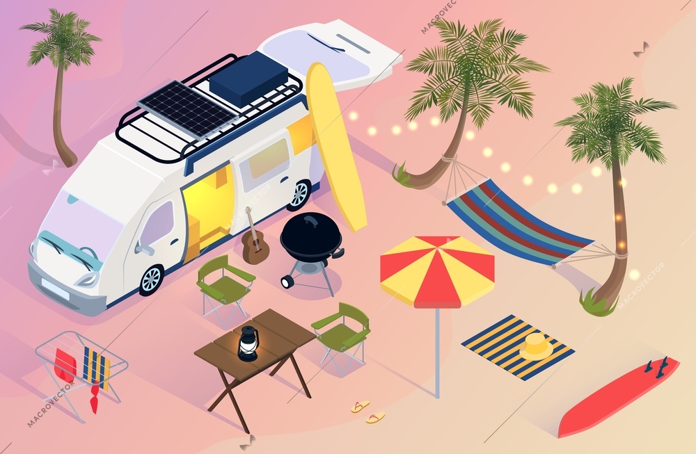 Isometric trailer park with van surfboard umbrella hammock palms on beach during sunset 3d vector illustration