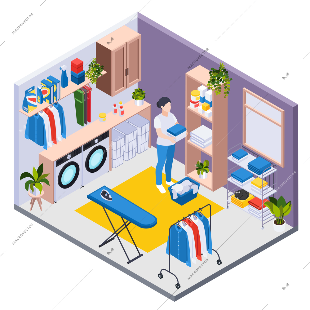 Laundry washing isometric composition with view of room with washing machines detergents and female housemaid character vector illustration