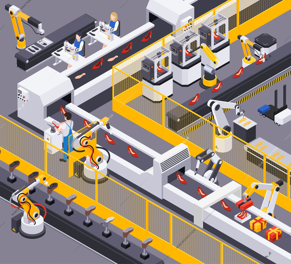 Footwear shoes production isometric composition with view of industrial conveyor operated by workers with stiletto shoes vector illustration