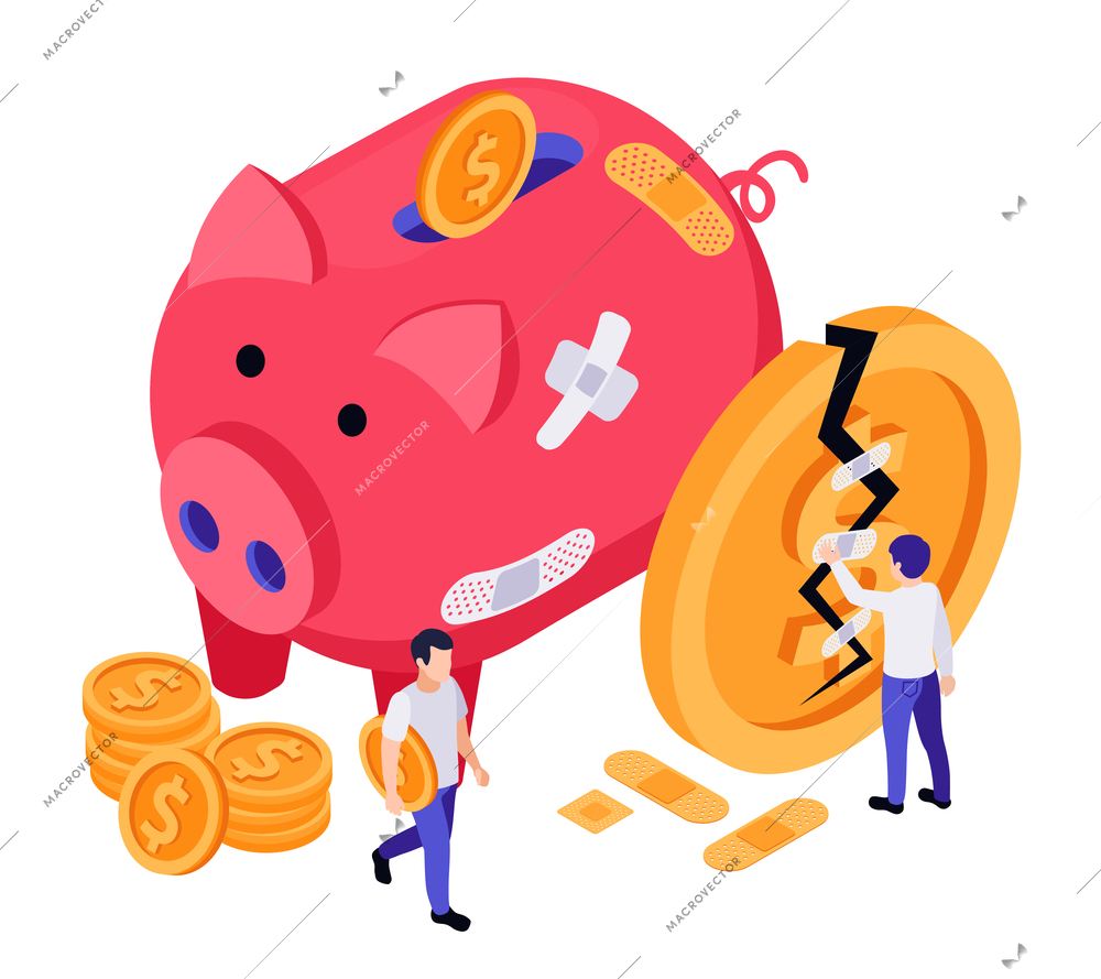 Economic business recovery isometric composition with pig shaped money box and cracked coin with human characters vector illustration