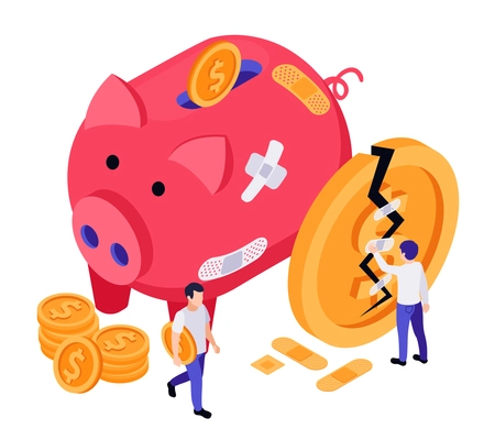 Economic business recovery isometric composition with pig shaped money box and cracked coin with human characters vector illustration