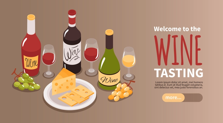 Wine tasting winery tours isometric horizontal web banner with white red rose bottles cheese grape vector illustration