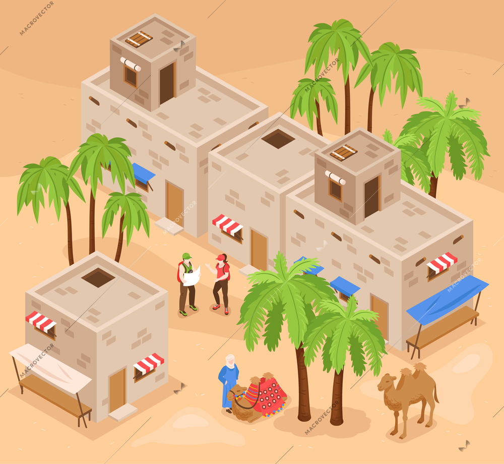 Modern egypt tourist attractions isometric background composition with visitors exploring kings valley and camel ride vector illustration