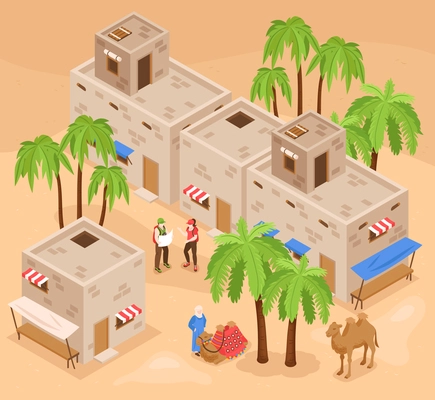 Modern egypt tourist attractions isometric background composition with visitors exploring kings valley and camel ride vector illustration