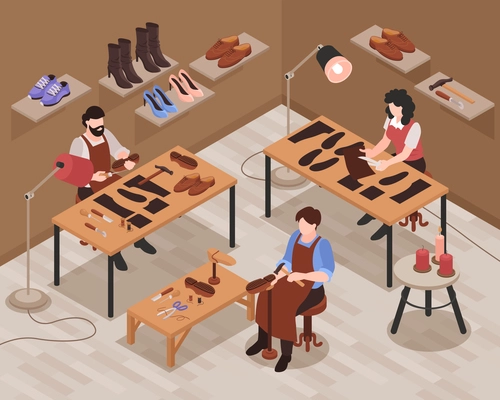 Shoemaker shop interior isometric composition with craftsmen repairing and making customer shoes footwear by hand vector illustration