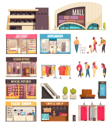 Shopping mall icon set with mall gift shop fashion boutique book store tech shop and coffee descriptions vector illustration
