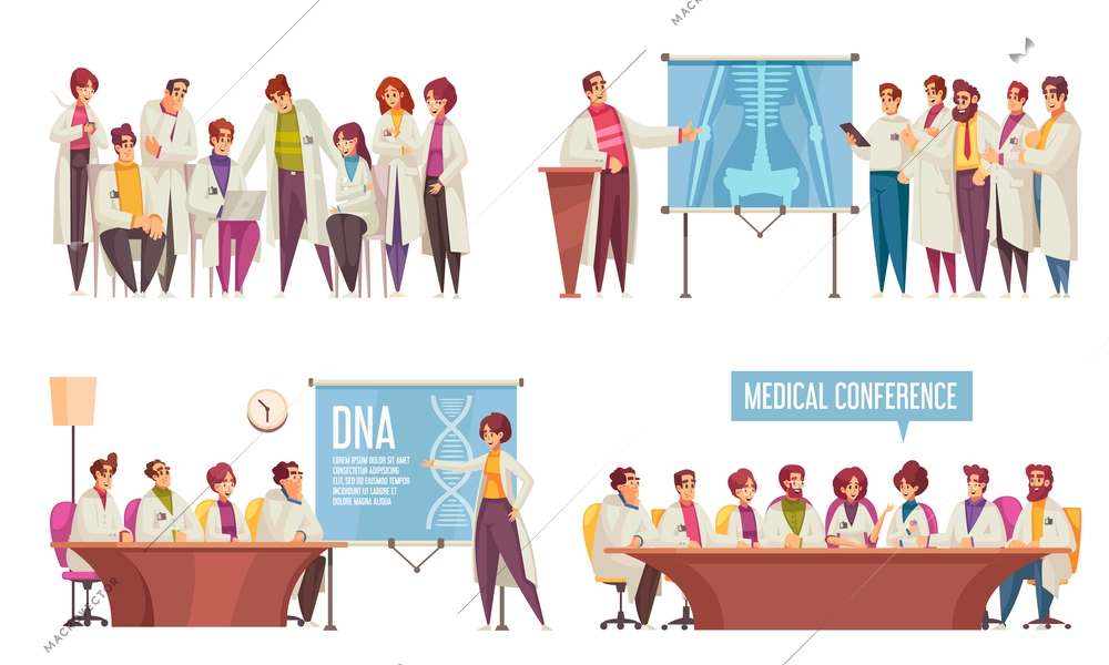 Medical conference composition set with scientists listen the presentation on professional themes vector illustration