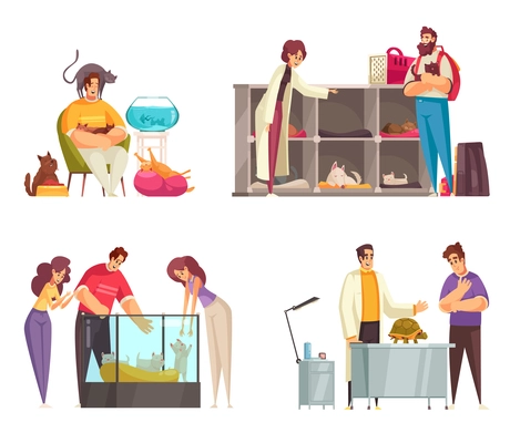 Pet sitter set of four isolated compositions with doodle characters of people with animals and furniture vector illustration