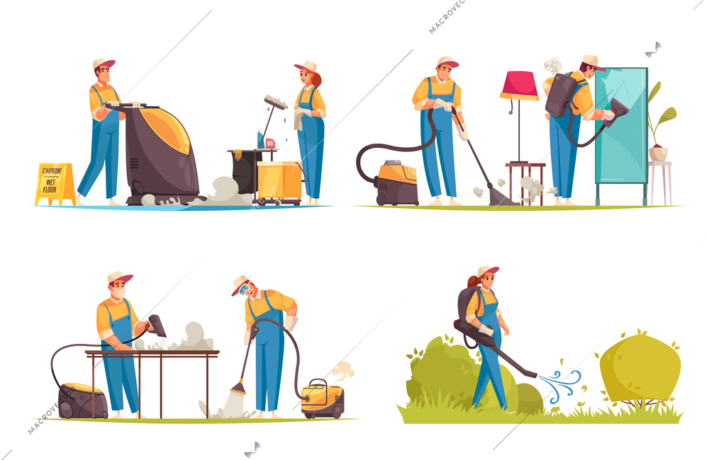 Set with four isolated compositions of cleaners doodle human characters with professional appliances and detergent chemicals vector illustration