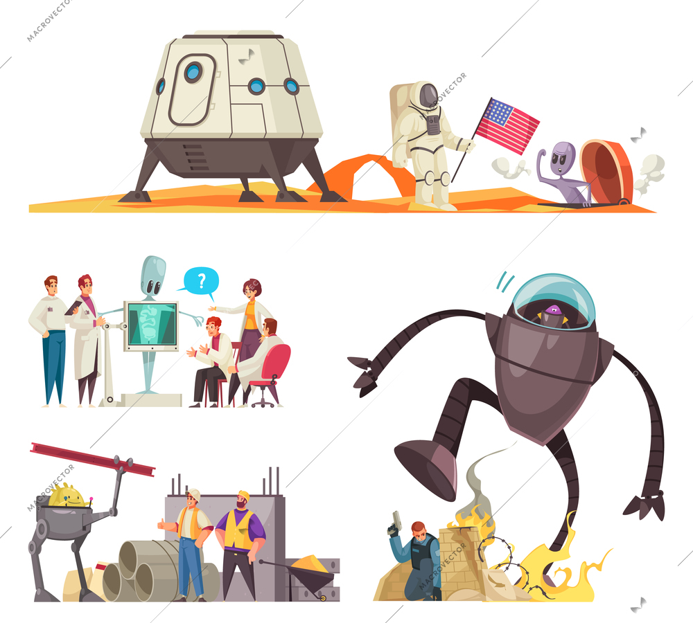 Alien ufo set of isolated compositions with doodle characters of people and humanoids cyborgs contact situations vector illustration