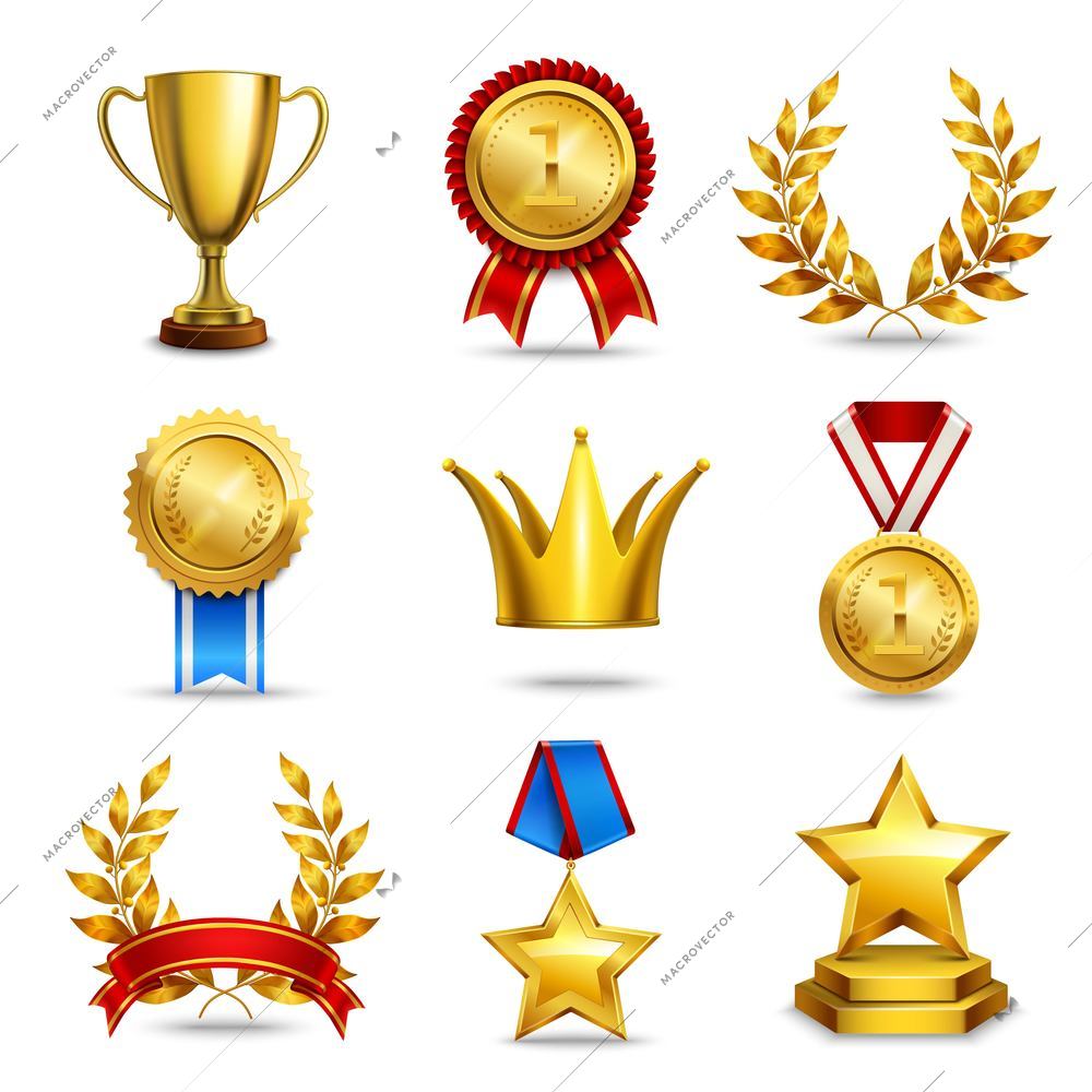 Award icons set of trophy medal winner prize champion cup isolated vector illustration