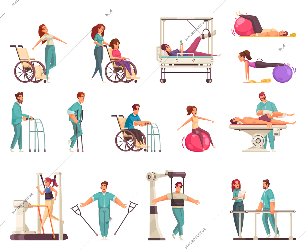 Medical physiotherapy rehabilitation set with icons and doodle human characters with medical appliances and physical specialists vector illustration