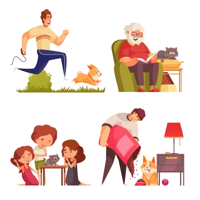Pets growth stages set of isolated compositions with doodle characters of adults and children with animals vector illustration