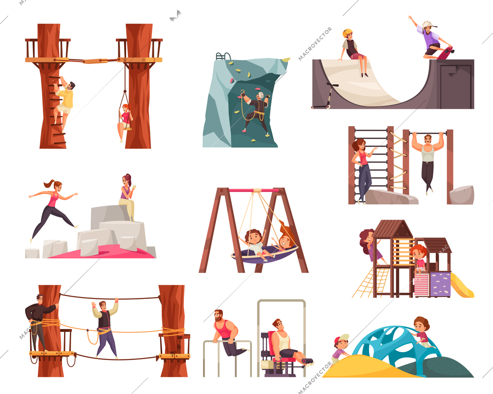 Outdoor activities workout set with rope park training ground and playground equipment images with human characters vector illustration