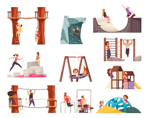 Outdoor activities workout set with rope park training ground and playground equipment images with human characters vector illustration