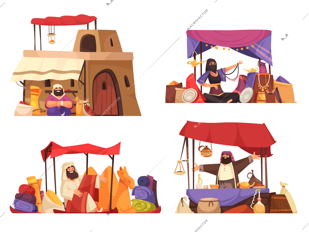 Outdoors oriental bazaar 2x2 cartoon compositions with islamic people selling eastern souvenirs carpets handmade pottery isolated vector illustration