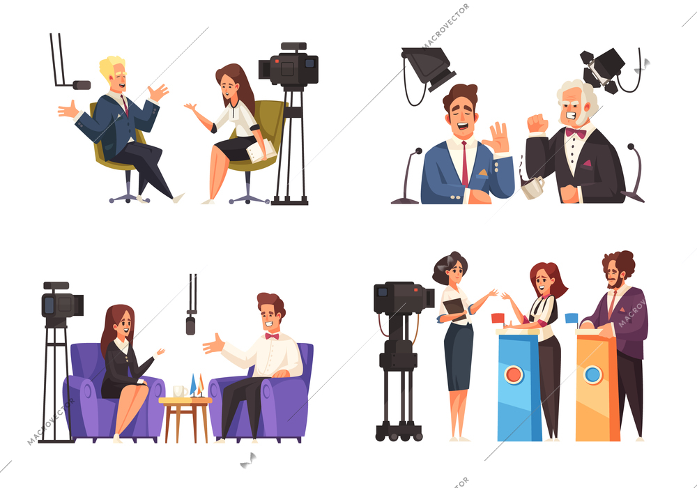 Political talk show 2x2 compositions including interview with journalists and open debates before vote isolated vector illustration