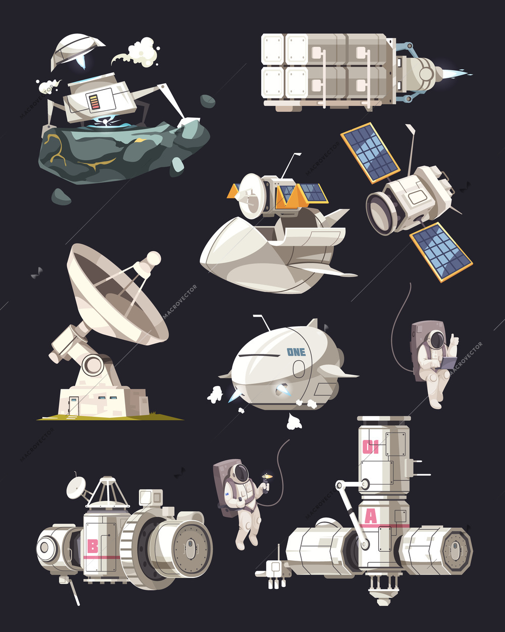 Space exploration equipment set of international space station satellite space ship radio telescope isolated vector illustration