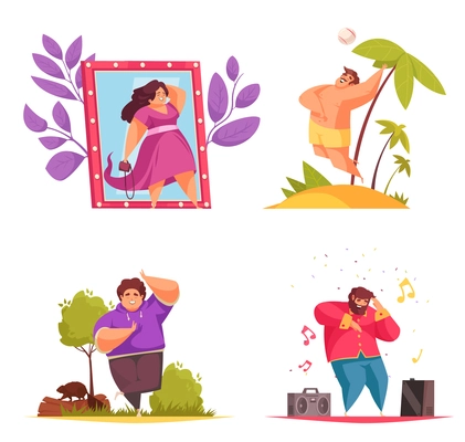 Body positive composition icon set with woman in the fitting room man on the beach  doing yoga and listening to music