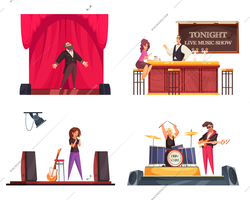 Bar live music composition icon set opera singer performance music bar and rock concerts vector illustration