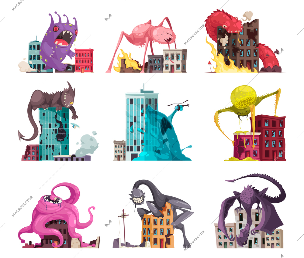 Monster attacking icon set different scary monsters they hunt villagers and climb buildings vector illustration