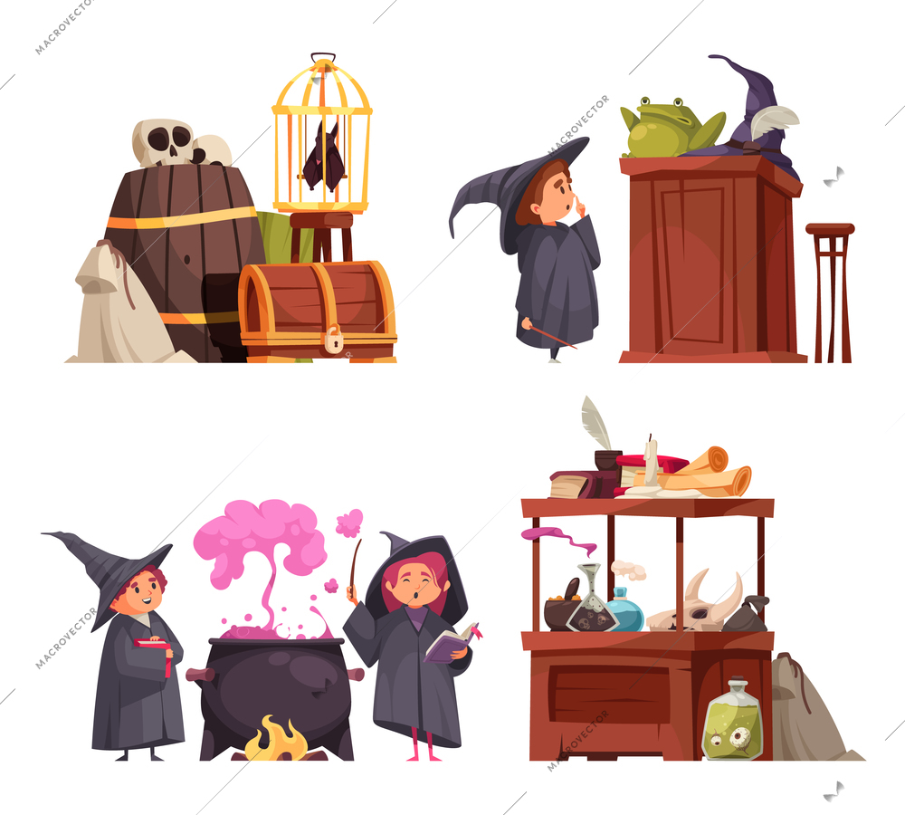 Set of four isolated magic school compositions with doodle characters of students in hats and goods vector illustration