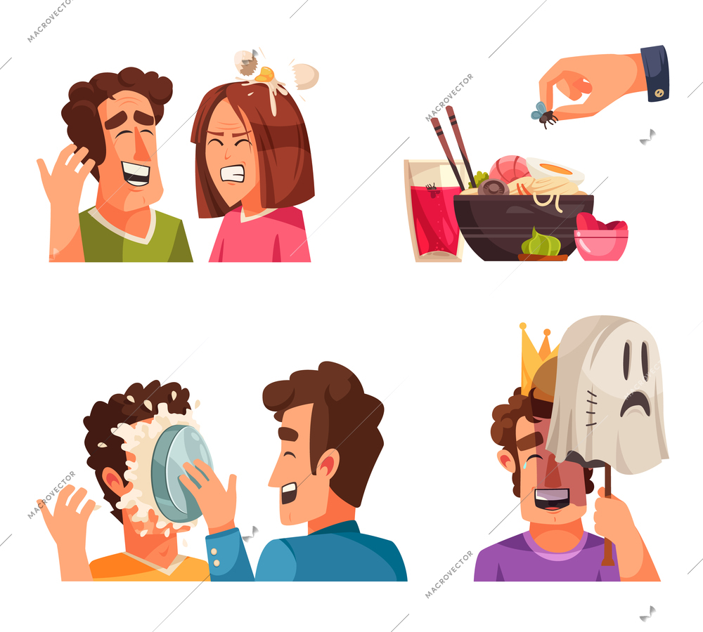 Set of four isolated compositions with views of funny pranks with doodle characters of laughing people vector illustration