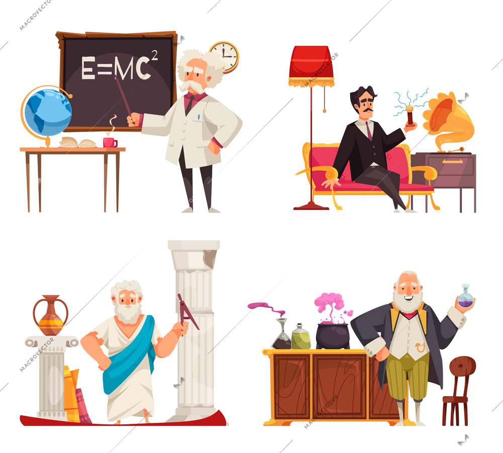 Set of four isolated compositions with doodle style human characters of world famous scientists at work vector illustration