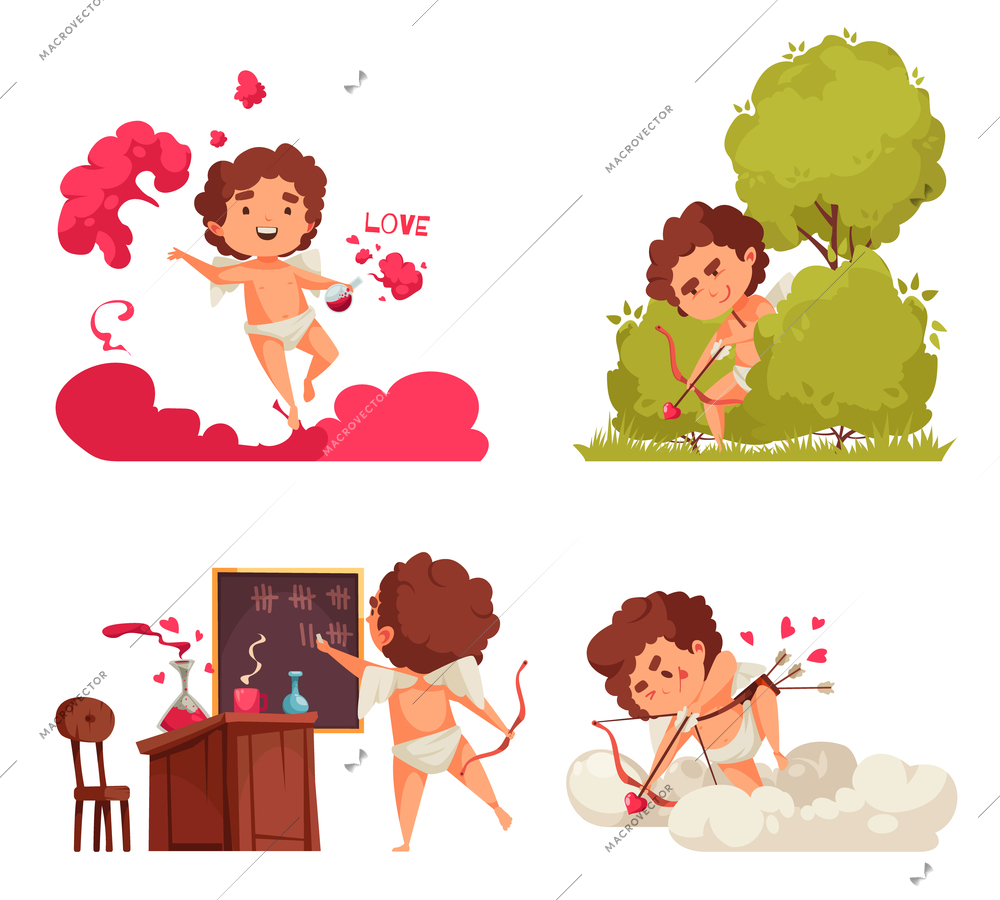 Amur cupid valentine day set of four compositions with doodle characters of amoretto in various situations vector illustration