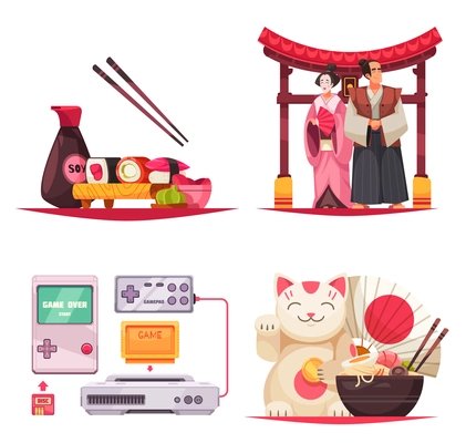 Set of four isolated compositions with stereotypes about japan sushi noodles traditional costumes and gaming consoles vector illustration