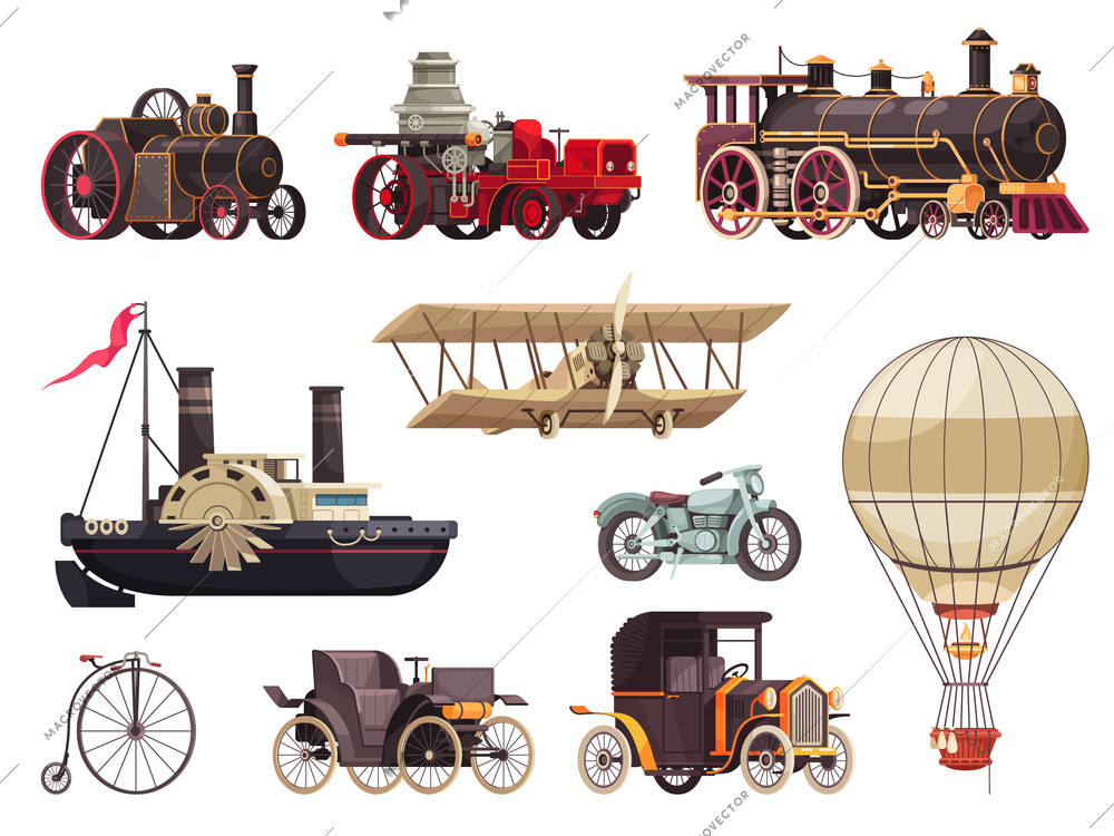 Vintage passenger transport set with isolated icons of steam locomotives images of aerostats cars and steamboat vector illustration