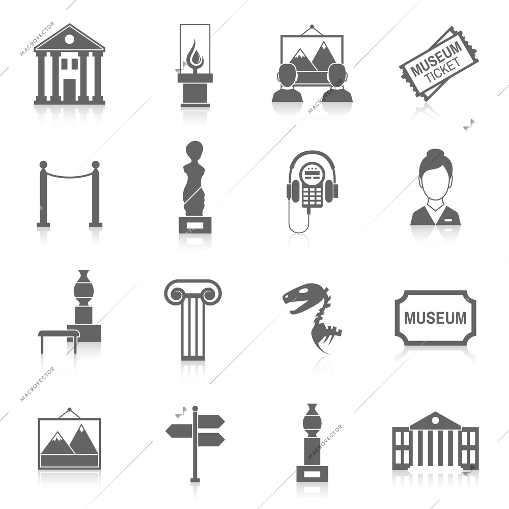 Museum building artistic exhibition icons black set isolated vector illustration