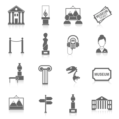 Museum building artistic exhibition icons black set isolated vector illustration