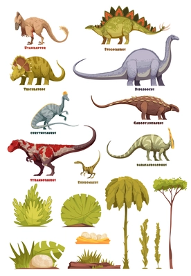 Different types of dinosaurs in cartoon style with name of class  and flora landscape elements isolated vector illustration