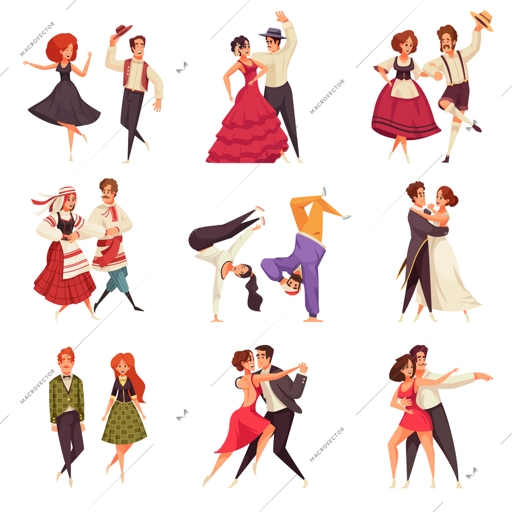 International dance day set of dancing couples performing different dance styles isolated vector illustration