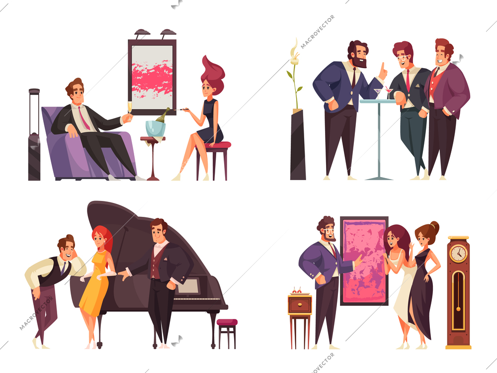 Group of rich people at vip party 2x2 colored isolated compositions on white background flat vector illustration