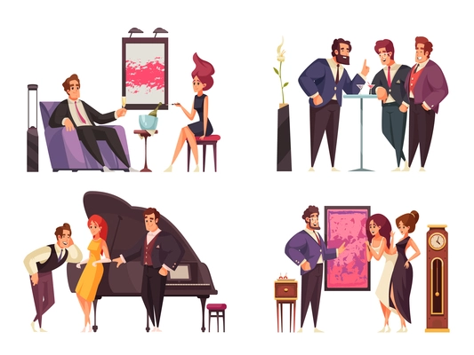 Group of rich people at vip party 2x2 colored isolated compositions on white background flat vector illustration