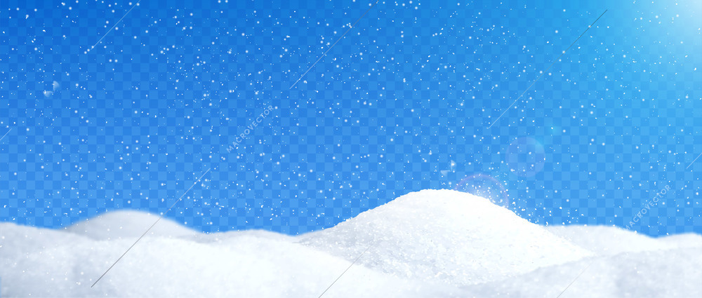 Snow realistic landscape background with showfall and snowflakes transparent vector illustration