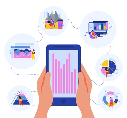 Data analysis flat background with round compositions of colorful graphs circle and bar charts with smartphone vector illustration